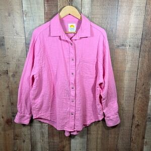 C&C California Gauze Button Up Shirt Pink Oversized Beach Cover Up Large Summer